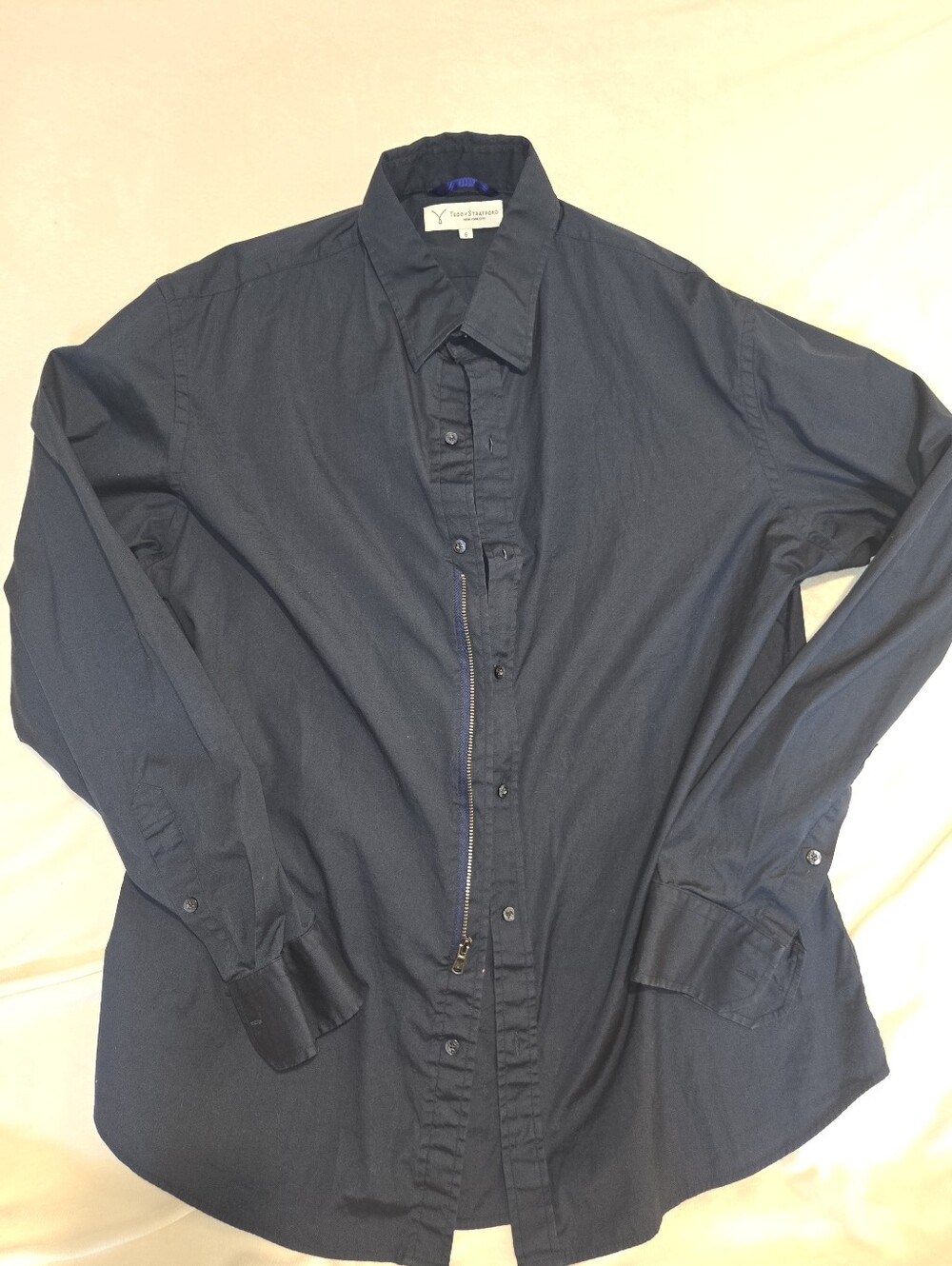 Teddy Stratford Navy Button-Up Shirt with Hidden Zipper Size 6